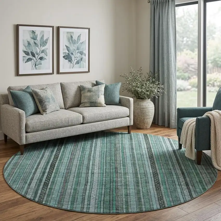 8' Teal Charcoal And Gray Striped Washable Round Rug With UV Protection Photo 1