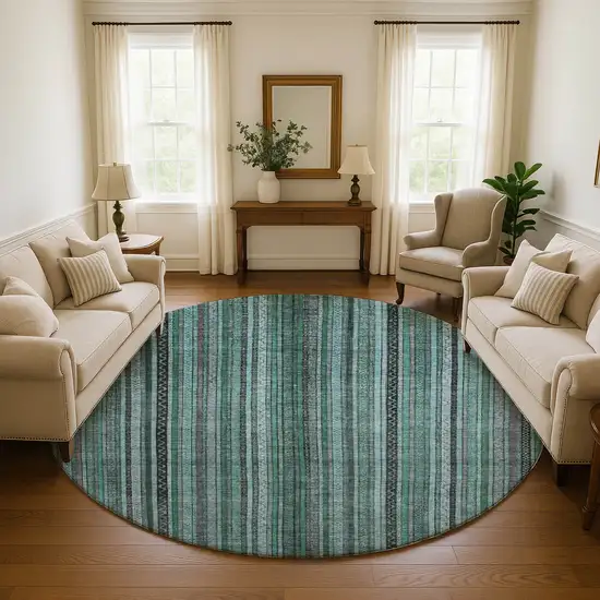 8' Teal Charcoal And Gray Striped Washable Round Rug With UV Protection Photo 4