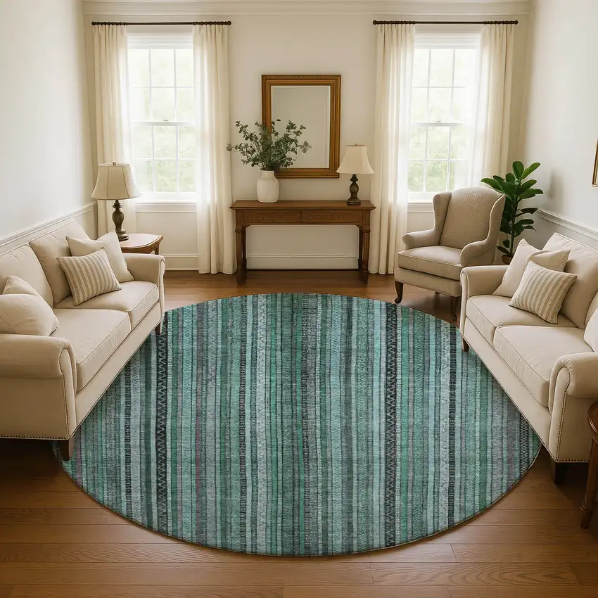 8' Teal Charcoal And Gray Striped Washable Round Rug With UV Protection Photo 4