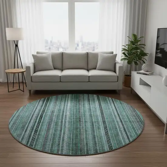 8' Teal Charcoal And Gray Striped Washable Round Rug With UV Protection Photo 2