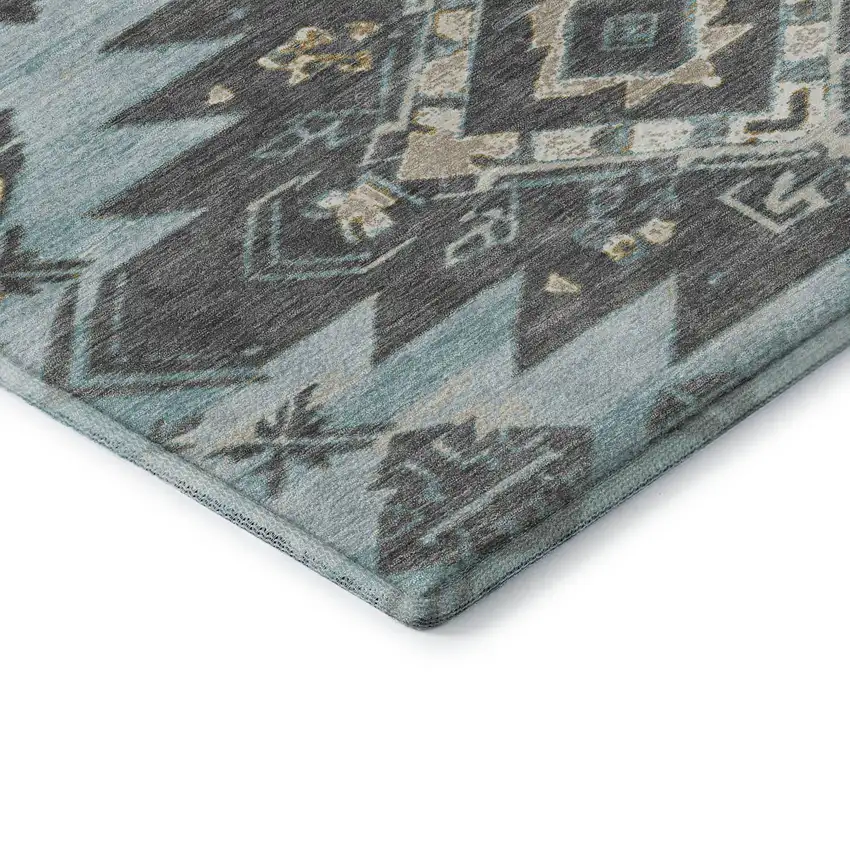 8' Teal Charcoal And Gray Tribal Washable Round Rug With UV Protection Photo 7