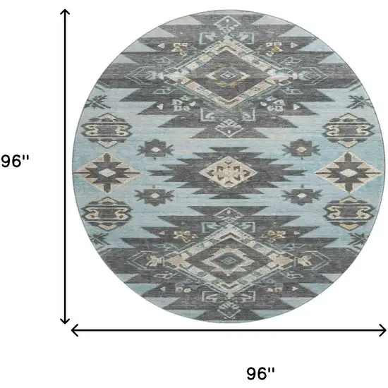 8' Teal Charcoal And Gray Tribal Washable Round Rug With UV Protection Photo 9