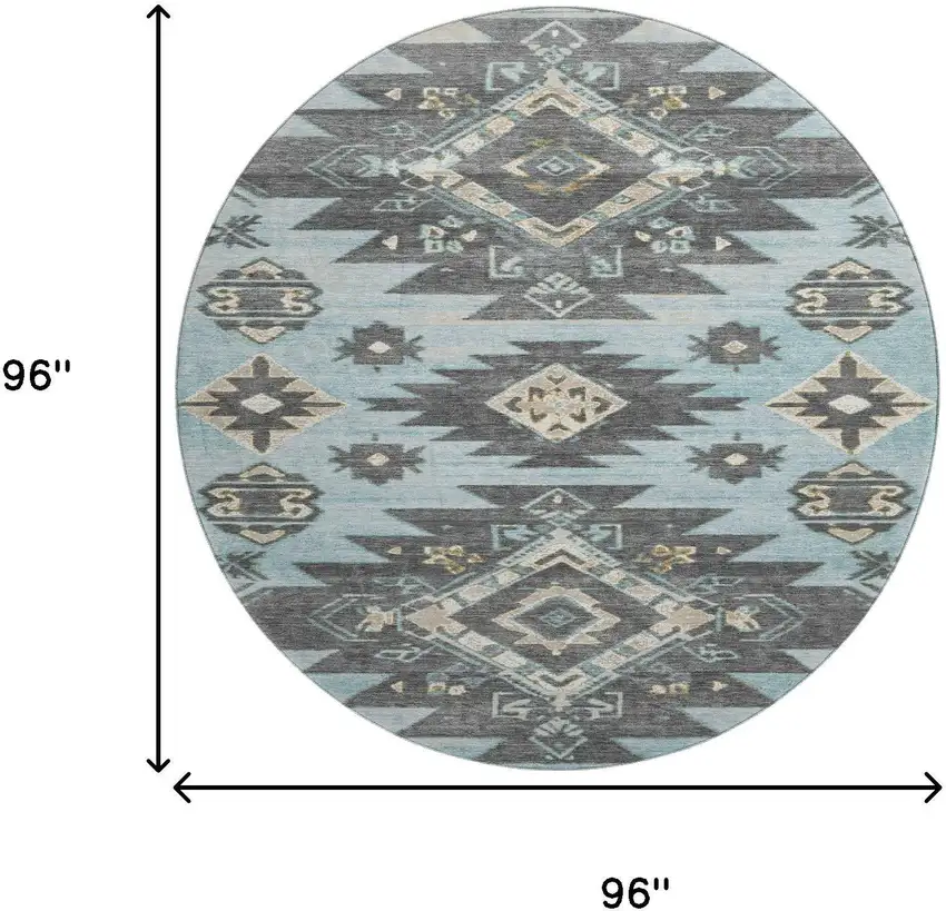8' Teal Charcoal And Gray Tribal Washable Round Rug With UV Protection Photo 9