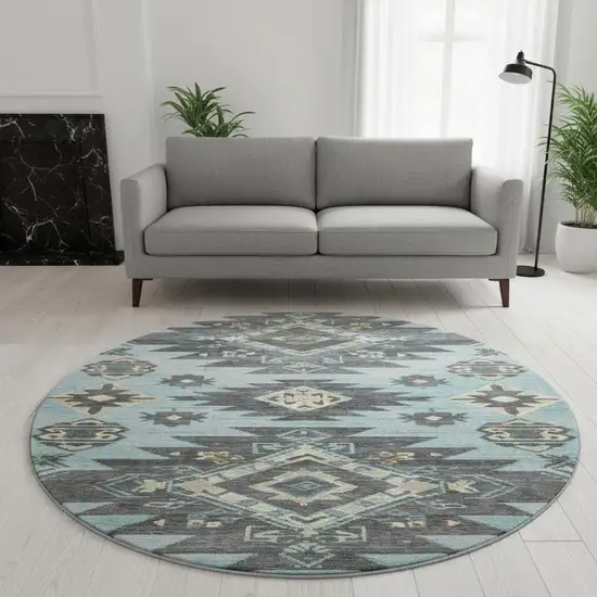8' Teal Charcoal And Gray Tribal Washable Round Rug With UV Protection Photo 2