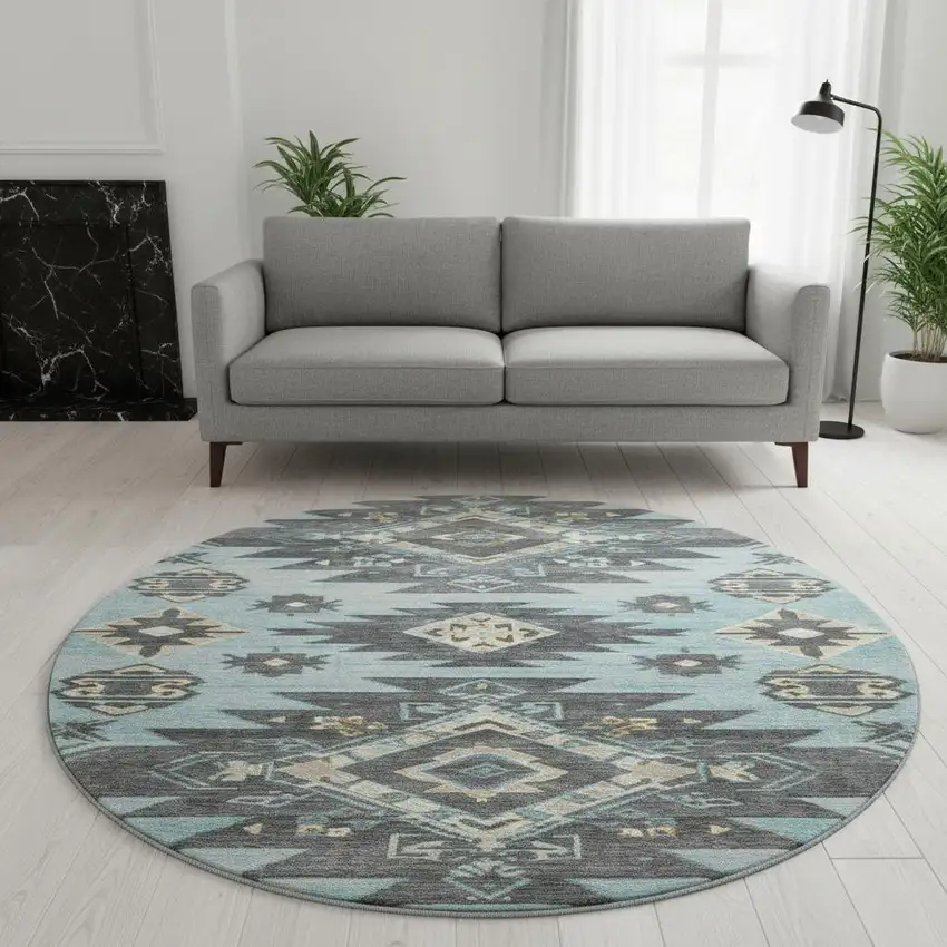 8' Teal Charcoal And Gray Tribal Washable Round Rug With UV Protection Photo 2