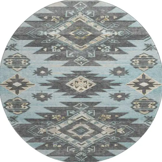 8' Teal Charcoal And Gray Tribal Washable Round Rug With UV Protection Photo 4
