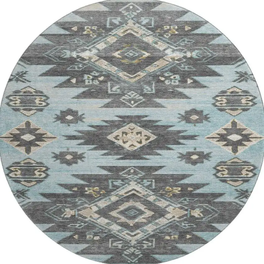 8' Teal Charcoal And Gray Tribal Washable Round Rug With UV Protection Photo 4