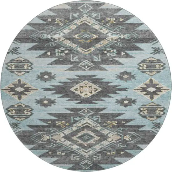 8' Teal Charcoal And Gray Tribal Washable Round Rug With UV Protection Photo 1