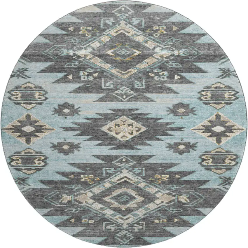8' Teal Charcoal And Gray Tribal Washable Round Rug With UV Protection Photo 1
