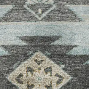 Photo of 8' Teal Charcoal And Gray Tribal Washable Round Rug With UV Protection