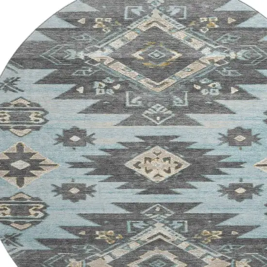8' Teal Charcoal And Gray Tribal Washable Round Rug With UV Protection Photo 3