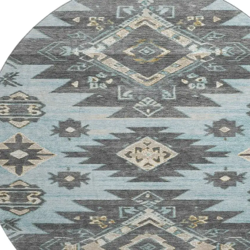8' Teal Charcoal And Gray Tribal Washable Round Rug With UV Protection Photo 3