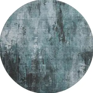 Photo of 8' Teal Charcoal And Ivory Abstract Washable Round Rug With UV Protection