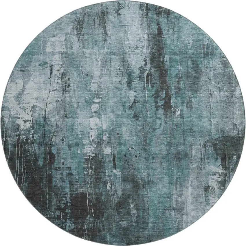8' Teal Charcoal And Ivory Abstract Washable Round Rug With UV Protection Photo 1
