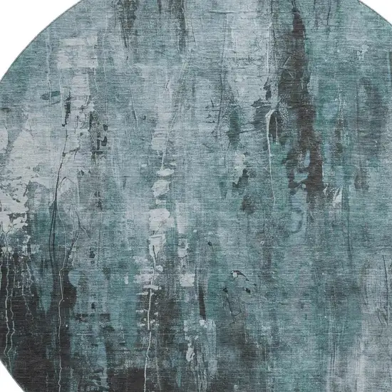 8' Teal Charcoal And Ivory Abstract Washable Round Rug With UV Protection Photo 2