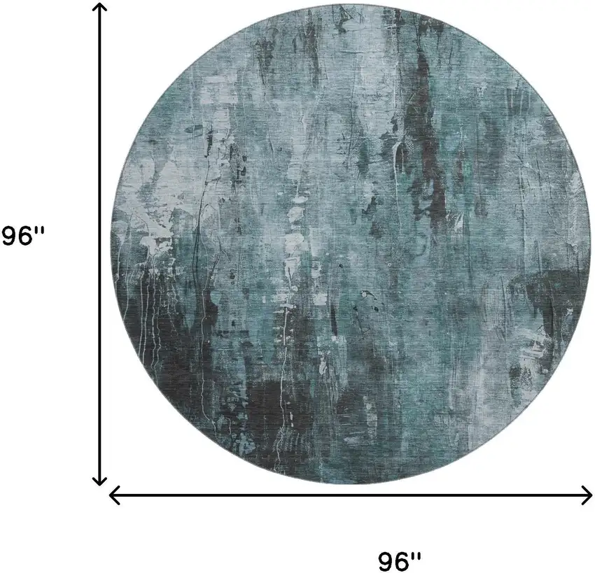 8' Teal Charcoal And Ivory Abstract Washable Round Rug With UV Protection Photo 9