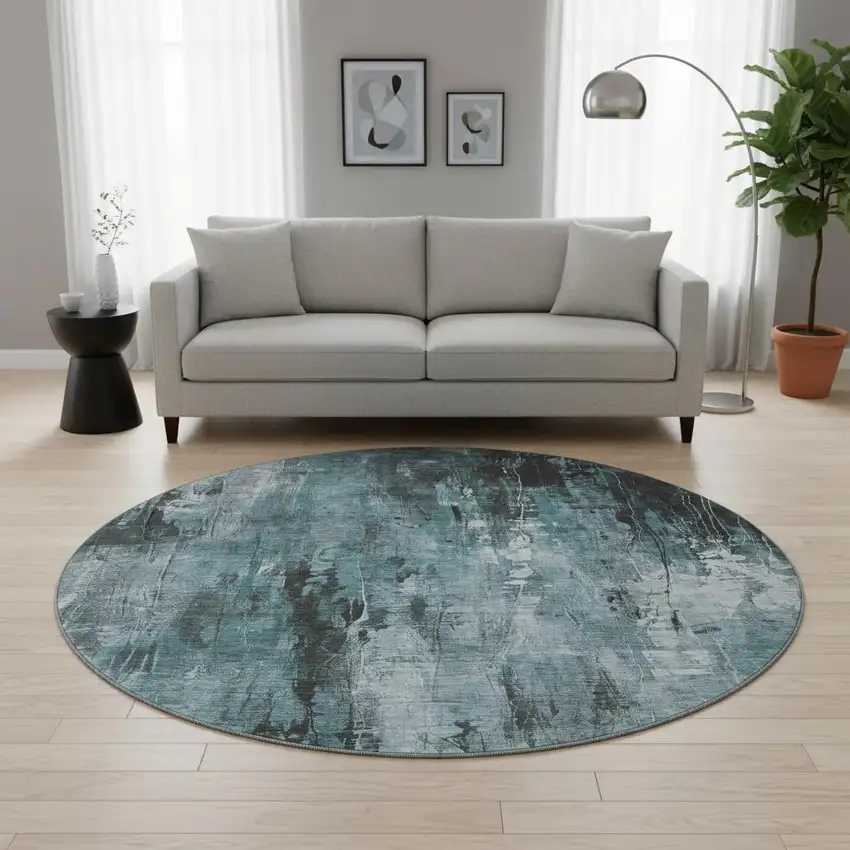 8' Teal Charcoal And Ivory Abstract Washable Round Rug With UV Protection Photo 2