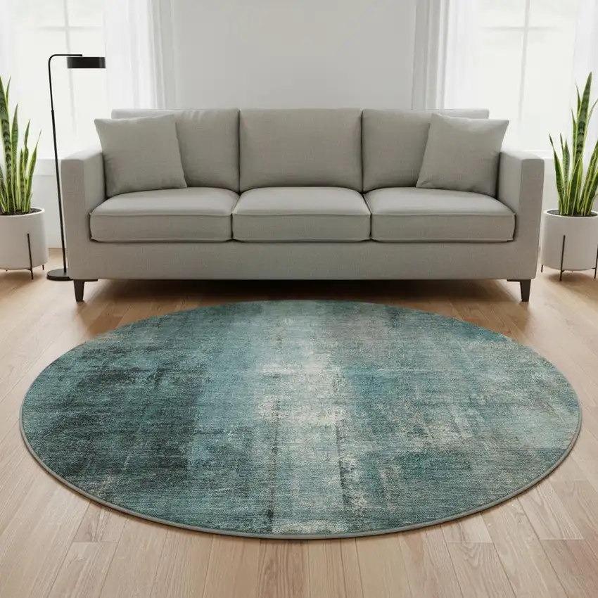 8' Teal Charcoal And Ivory Abstract Washable Round Rug With UV Protection Photo 2