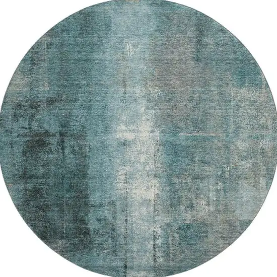 8' Teal Charcoal And Ivory Abstract Washable Round Rug With UV Protection Photo 3