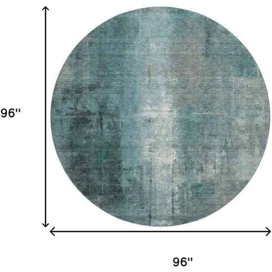 8' Teal Charcoal And Ivory Abstract Washable Round Rug With UV Protection Photo 9