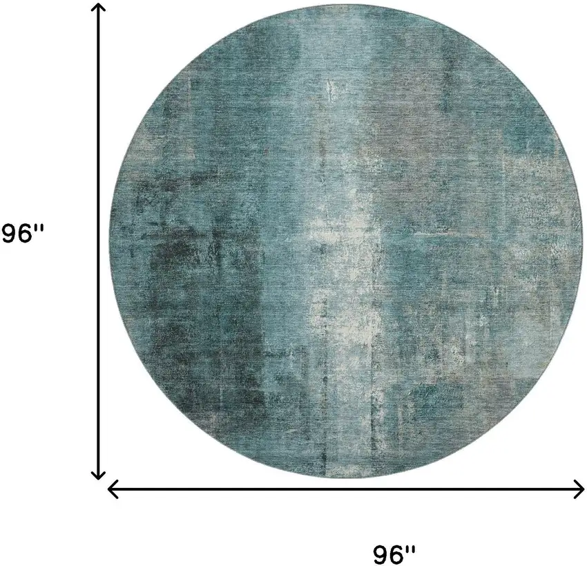 8' Teal Charcoal And Ivory Abstract Washable Round Rug With UV Protection Photo 9