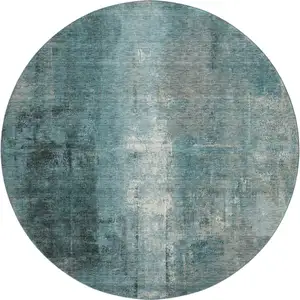 Photo of 8' Teal Charcoal And Ivory Abstract Washable Round Rug With UV Protection