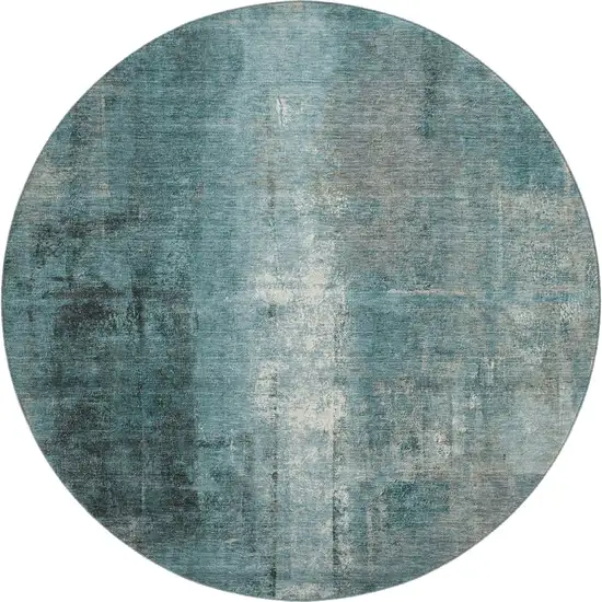 8' Teal Charcoal And Ivory Abstract Washable Round Rug With UV Protection Photo 1
