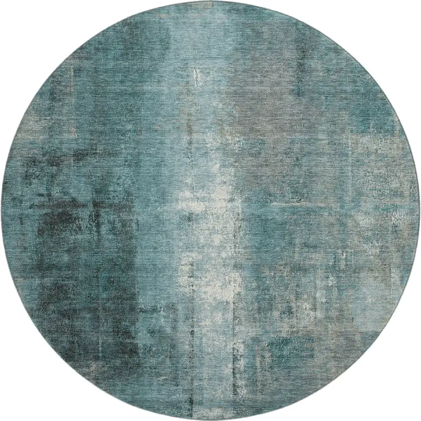 8' Teal Charcoal And Ivory Abstract Washable Round Rug With UV Protection Photo 1
