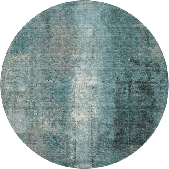 8' Teal Charcoal And Ivory Abstract Washable Round Rug With UV Protection Photo 4