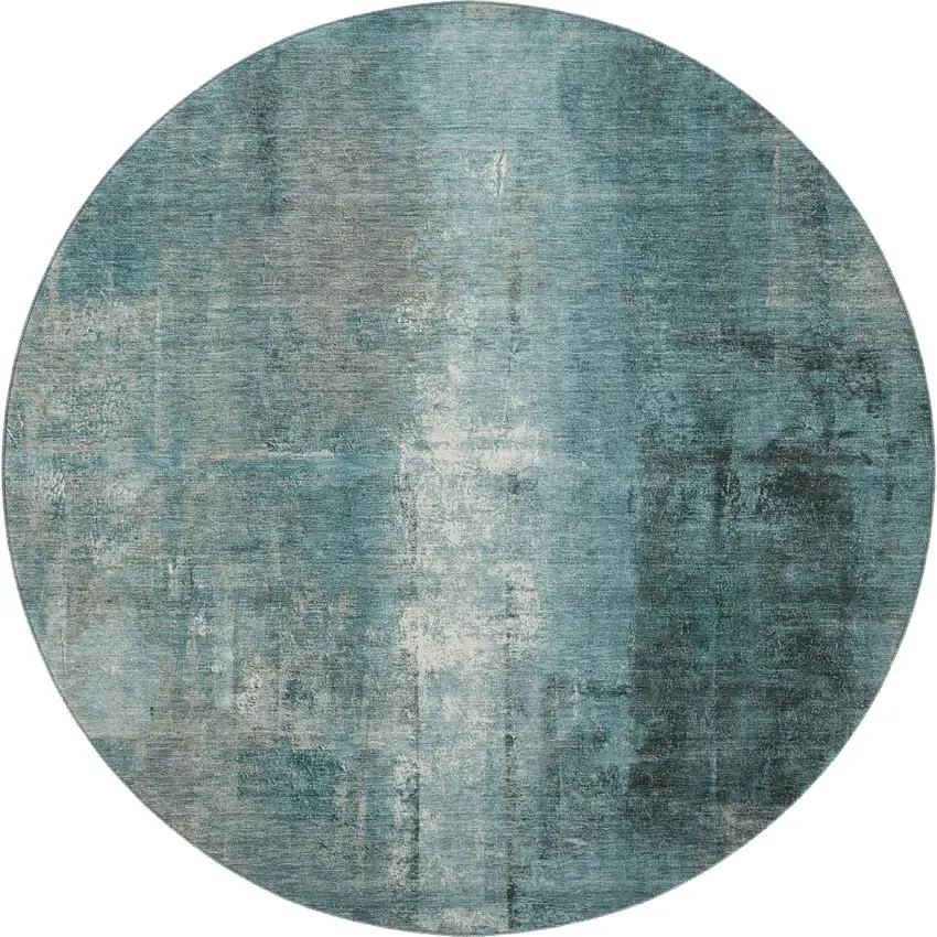 8' Teal Charcoal And Ivory Abstract Washable Round Rug With UV Protection Photo 4