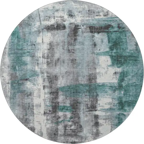 8' Teal Charcoal And Ivory Abstract Washable Round Rug With UV Protection Photo 4