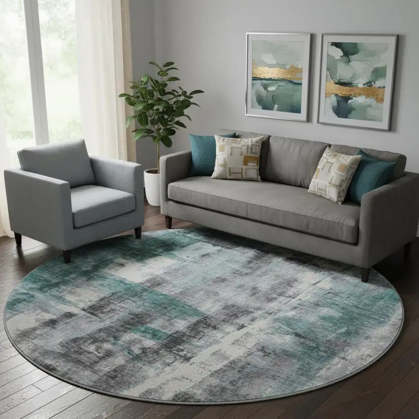 8' Teal Charcoal And Ivory Abstract Washable Round Rug With UV Protection Photo 2