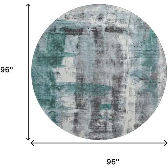8' Teal Charcoal And Ivory Abstract Washable Round Rug With UV Protection Photo 8