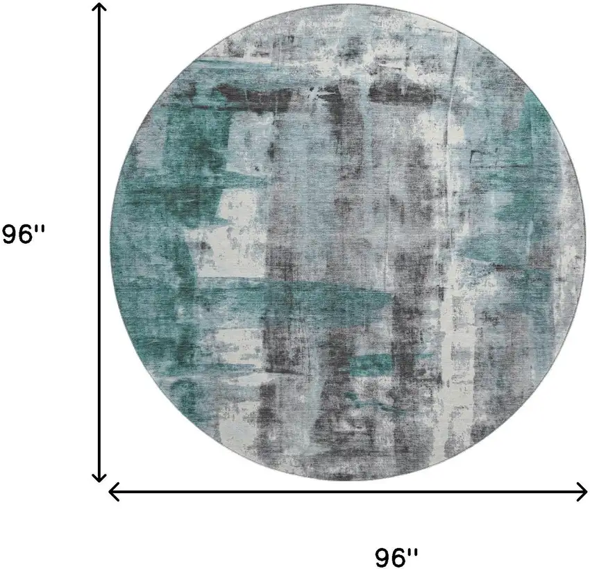 8' Teal Charcoal And Ivory Abstract Washable Round Rug With UV Protection Photo 8