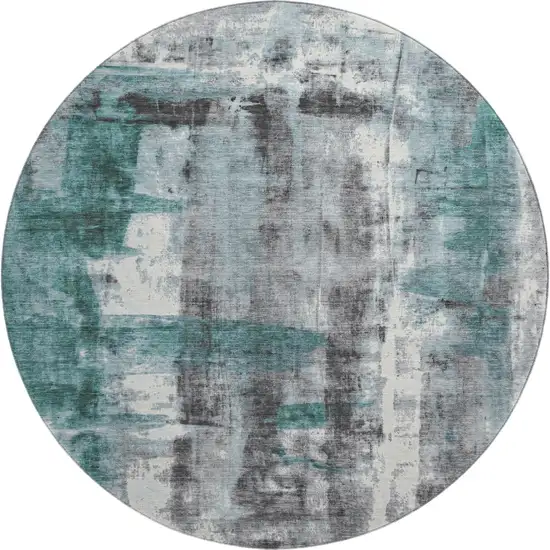 8' Teal Charcoal And Ivory Abstract Washable Round Rug With UV Protection Photo 1