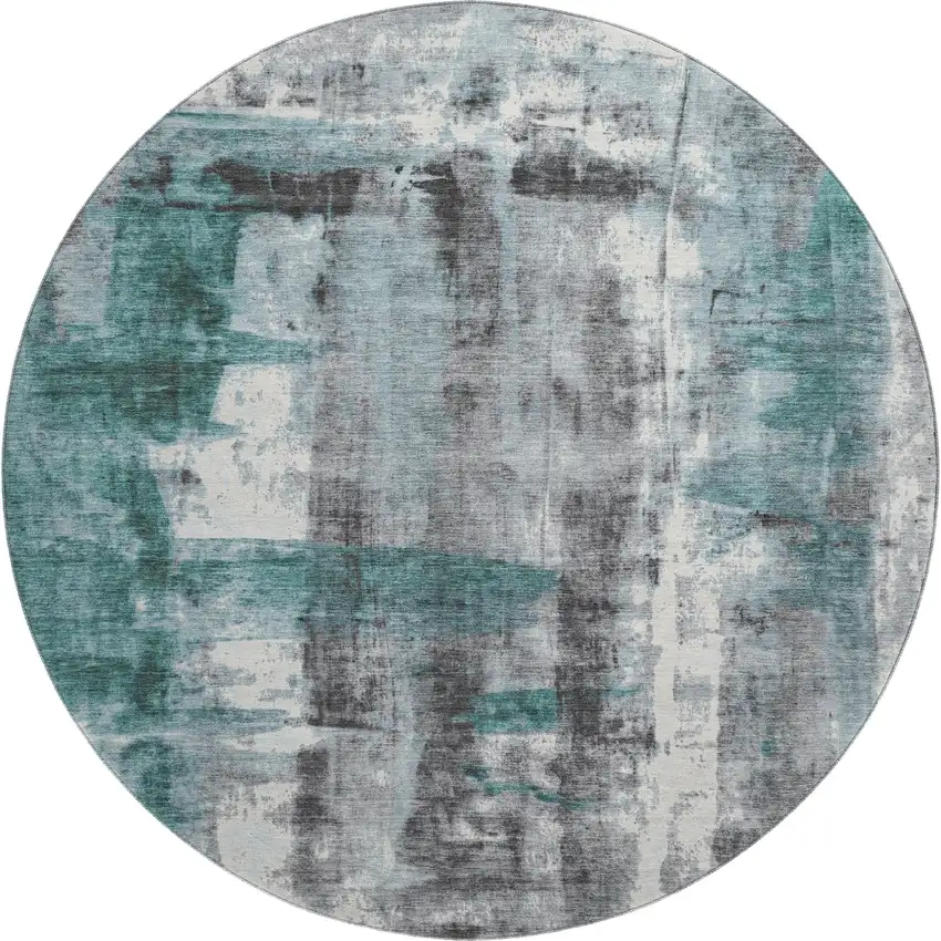 8' Teal Charcoal And Ivory Abstract Washable Round Rug With UV Protection Photo 1