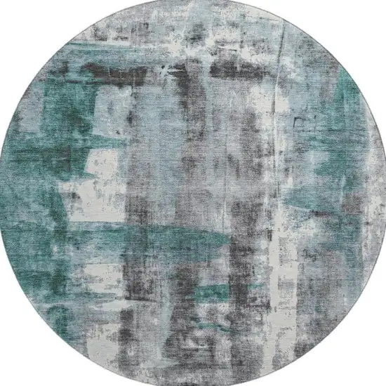 8' Teal Charcoal And Ivory Abstract Washable Round Rug With UV Protection Photo 3