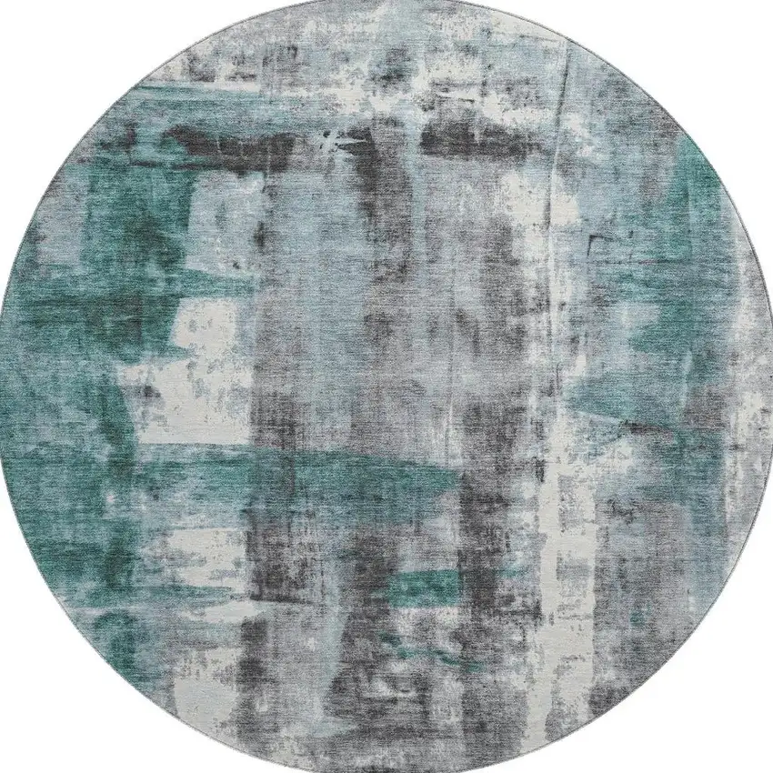 8' Teal Charcoal And Ivory Abstract Washable Round Rug With UV Protection Photo 3