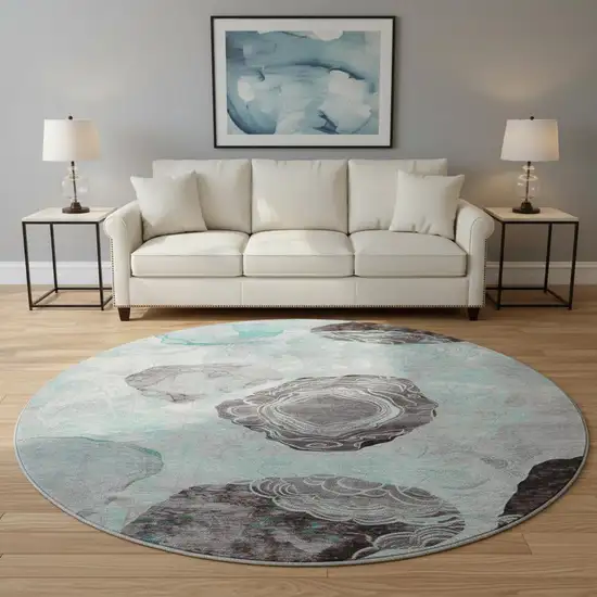 8' Teal Charcoal And Ivory Geometric Washable Round Rug With UV Protection Photo 2