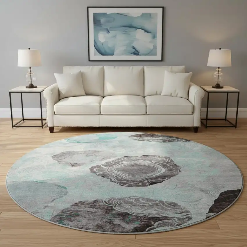 8' Teal Charcoal And Ivory Geometric Washable Round Rug With UV Protection Photo 2