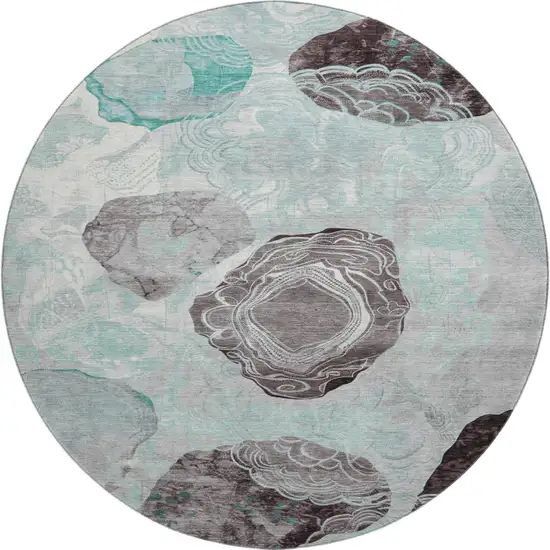 8' Teal Charcoal And Ivory Geometric Washable Round Rug With UV Protection Photo 1