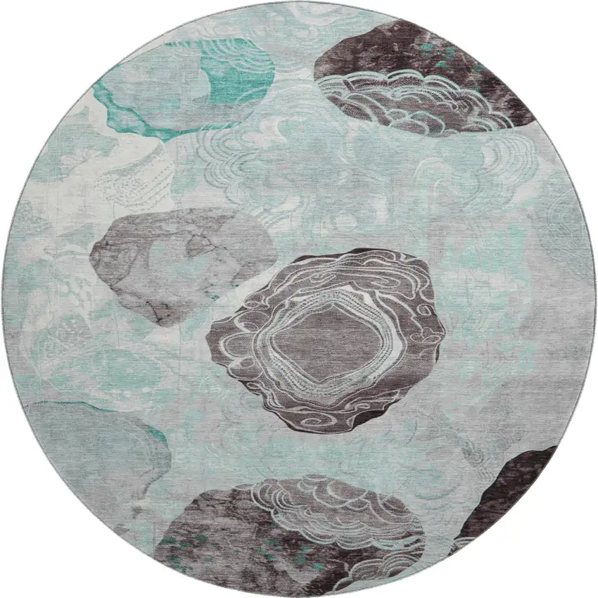 8' Teal Charcoal And Ivory Geometric Washable Round Rug With UV Protection Photo 1