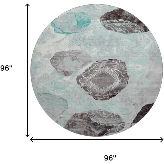 8' Teal Charcoal And Ivory Geometric Washable Round Rug With UV Protection Photo 9