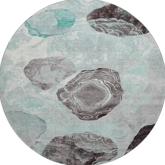 8' Teal Charcoal And Ivory Geometric Washable Round Rug With UV Protection Photo 3