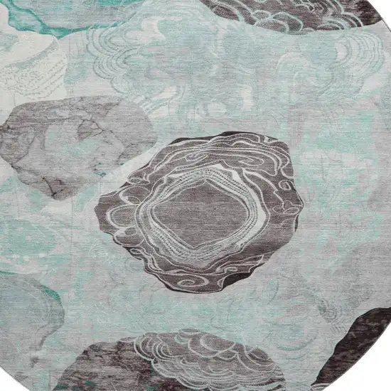 8' Teal Charcoal And Ivory Geometric Washable Round Rug With UV Protection Photo 2
