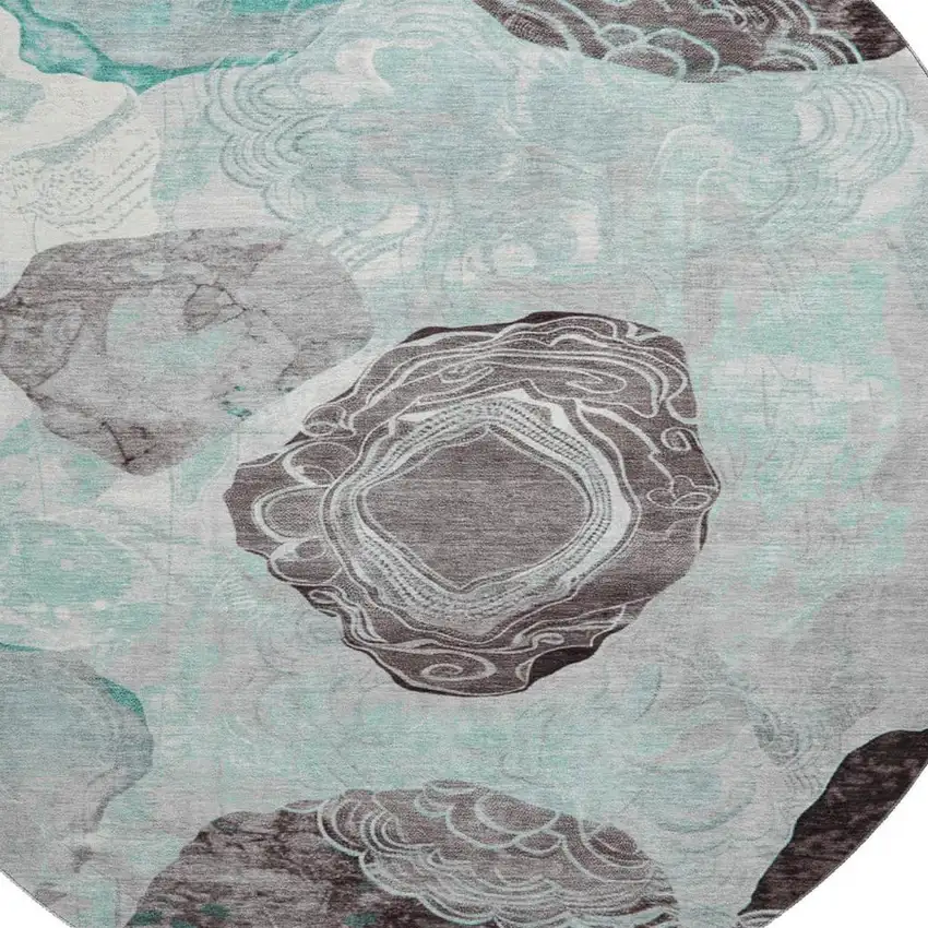 8' Teal Charcoal And Ivory Geometric Washable Round Rug With UV Protection Photo 2