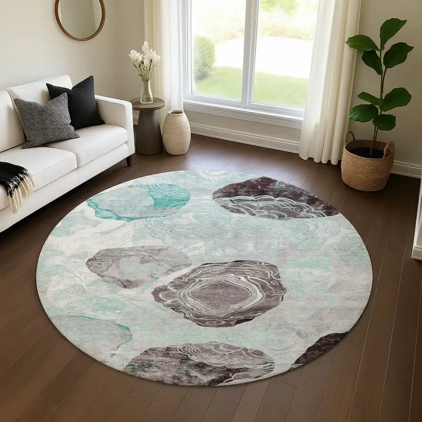 8' Teal Charcoal And Ivory Geometric Washable Round Rug With UV Protection Photo 4