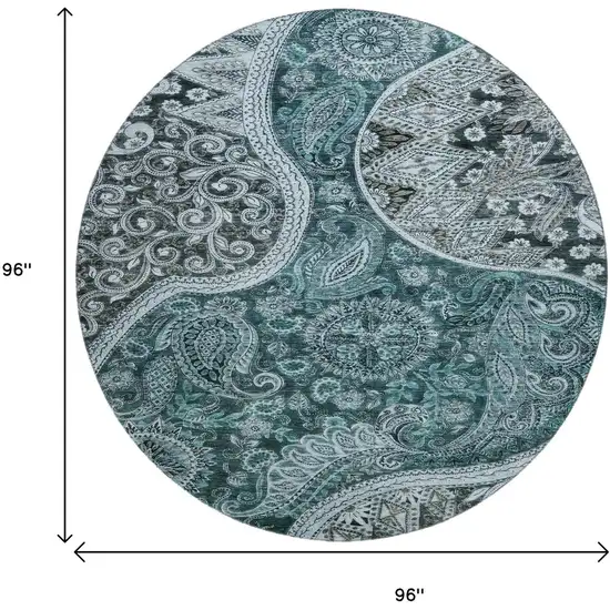 8' Teal Charcoal And Ivory Paisley Washable Round Rug With UV Protection Photo 9