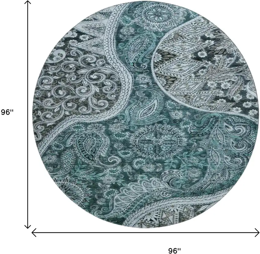 8' Teal Charcoal And Ivory Paisley Washable Round Rug With UV Protection Photo 9
