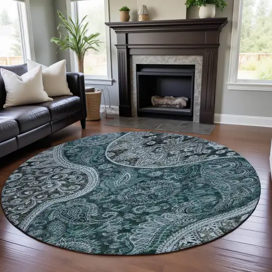 8' Teal Charcoal And Ivory Paisley Washable Round Rug With UV Protection Photo 4